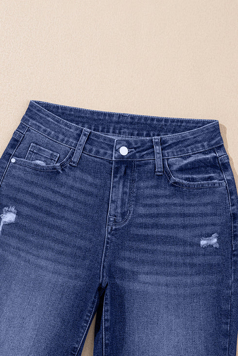 High Waist Distressed Straight Leg Deep Cuff Jeans